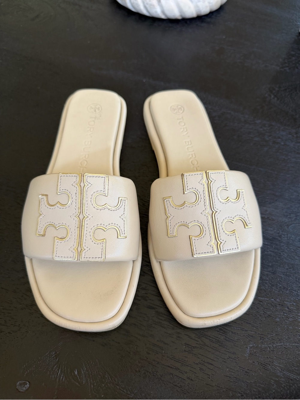 Tory Burch Double T Sport Slide Sandals - Cream Leather